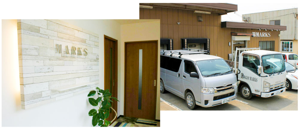 本社内観と工事車両の写真